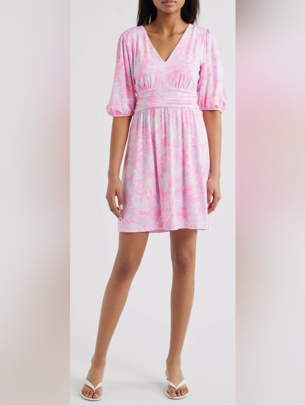 Lilly Pulitzer Brightan Pink Purple White Floral V-Neck Puff Sleeve Dress 6